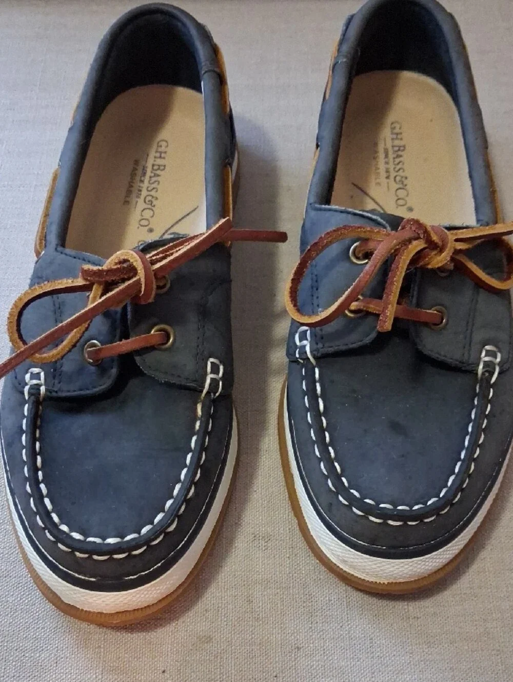 G.H. Bass & Co. Navy Leather Boat Shoes with Tan Laces